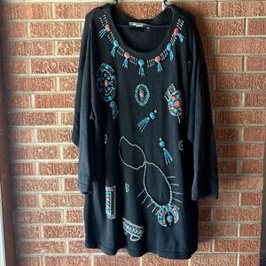 Vintage Victoria Jones Turquoise Western Beaded Chunky Midi Dress Size 3x